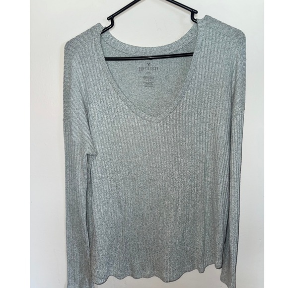 American Eagle Outfitters Tops - American Eagle Soft & Sexy Rib V-Neck Long Sleeve Top Grey/Teal Green Large
